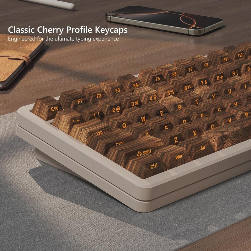 Rainy75 Shine Through Keycap 60 65 75 100 Percent,Cherry Key cap 136 Keys PBT Dye Sublimation Custom Keyboard Keycaps Set for Mechanical Keyboard 61/64/75/84/87/104/108 Layout with Key Puller (Wood Style) - Image 3